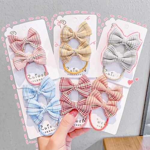 2PCS/Set New Girls Cute Plaid Bow Hair Clip Rubber Band Sweet Headband Hair Ornament Hairpin Hair Band Fashion Hair Accessories