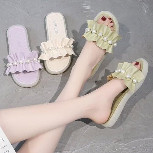 2021 Summer Womens New fashion Diamond Ruffle Mesh Lace Design sandanFashionable Soft Bottom Antiskid Cute Slippers for Women