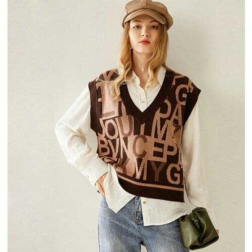 Vest Women Simple Design 90% Wool 10% Cashmere Blend Knitted Letter jacquard Pullover V Neck Sleeveless Coat Casual Fashion