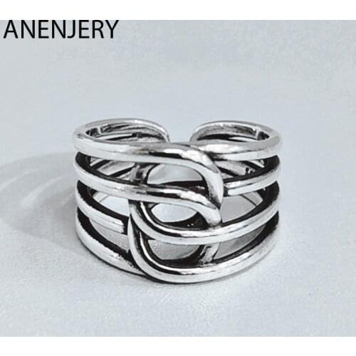 ANENJERY 925 Sterling Silver Vintage Mutil Layers Cross Twist Rope Thai Silver Ring Jewelry For Women Men Gifts Wholesale S-R498