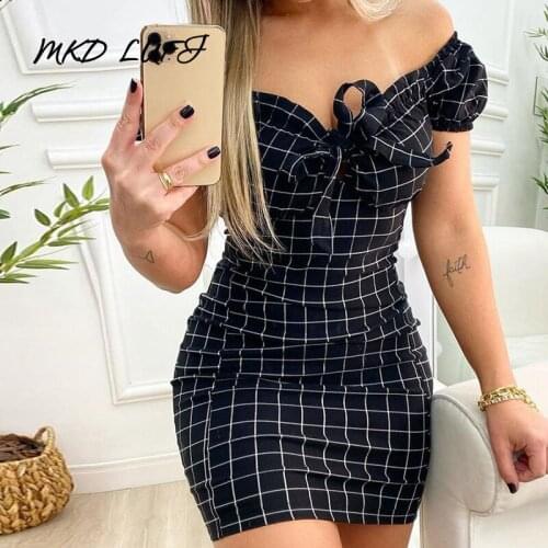 Plaid Print Off Shoulder Bodycon Dress Women