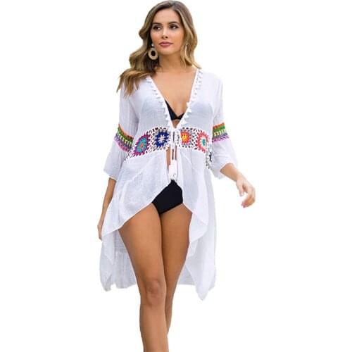 Women Beach Tunic Dress Cover-ups White Long Cover Up Knitted Crochet flower Beachwear Bikini Ups Summer Boho Dresses 2020 NEW