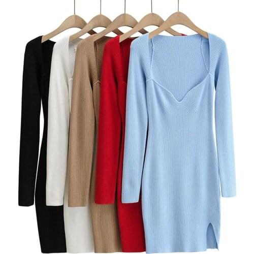 Sexy Fall Winter Knitted Dresses Women Square Collar Long Sleeve Split Bodycon Pullover Slim Stretch Sweater Mini Dress Clothes