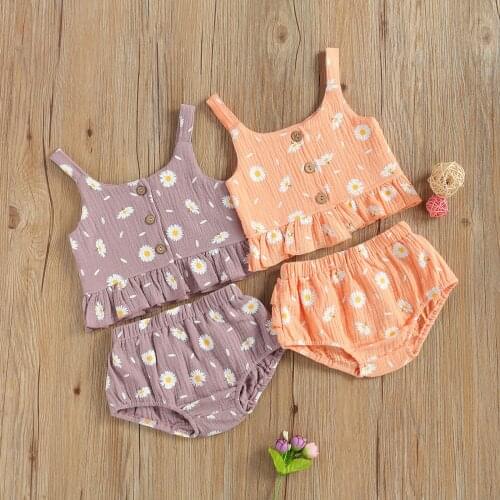 2020-12-30 lioraitiin 2-Pcs Newborn Baby Girl Cute Outfits Daisy Print O-Neck Button-Open Tops Elastic Waist Ruffled Shorts