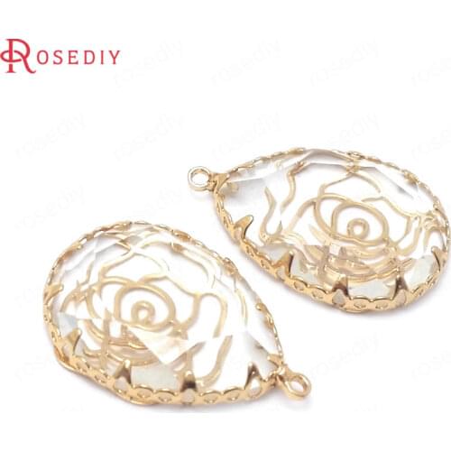 38510)6PCS 23x15.5MM 24K Champagne Gold Color Brass and Glass Rose Flower Drop Shape Charms Pendants Jewelry Making Supplies