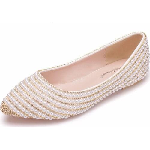 Ballet Flats Shoes Woman White Gold Chain Pearl Flat Wedding Shoes For Women Bride Flats String Bead Sweet Single Shoe Handmade