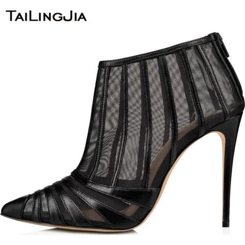 Ankle Boots For Women 2020 Black Mesh Boot Pointed Toe Womens Boots High Heel Ladies Booties Woman Plus Size Heeled Autumn Shoes