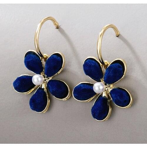 Lady Blue Flower Hoop Earrings Banquet Party Jewelry Delicated Simulated Pearl Ear Hook Earrings Korea Style Flower Earring Gift