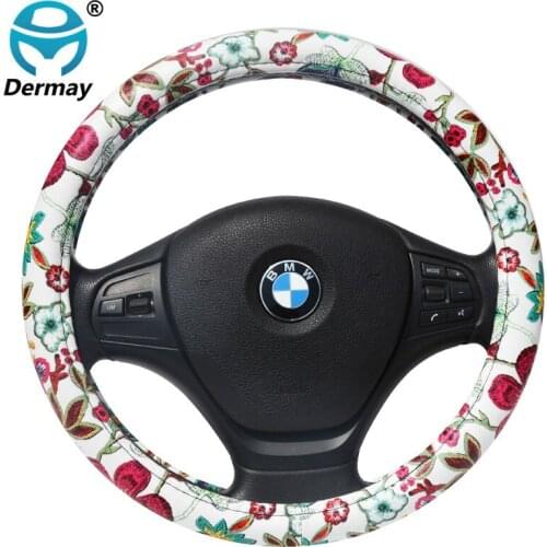 DERMAY PU Leather Cute White Car Steering Wheel Cover Flowers Cartoon for Girls Women Car Styling fit 14-15" Steering Wheel