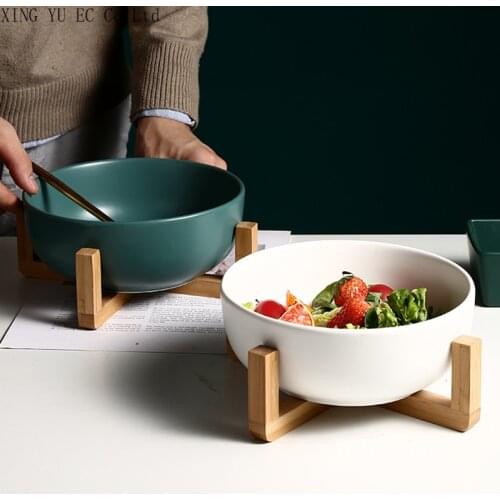 Creative Solid Color Fruit Salad Bowl Ceramic Bowl with Wooden Stand Nordic Large Snack Bowl Soup Noodle Bowl Breakfast Bowl