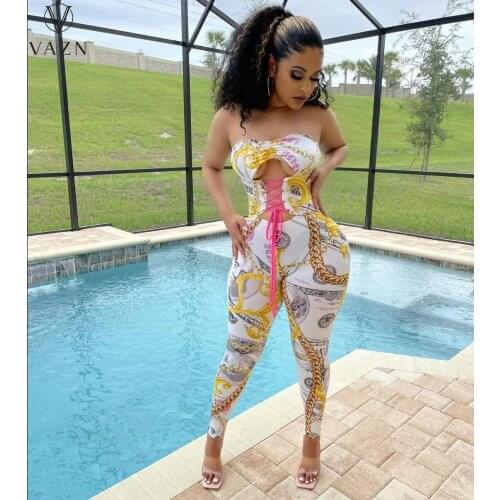 VAZN 2021 summer women fashion hot sale sexy street style jumpsuits sleeveless hollow out printed jumpsuits long pants