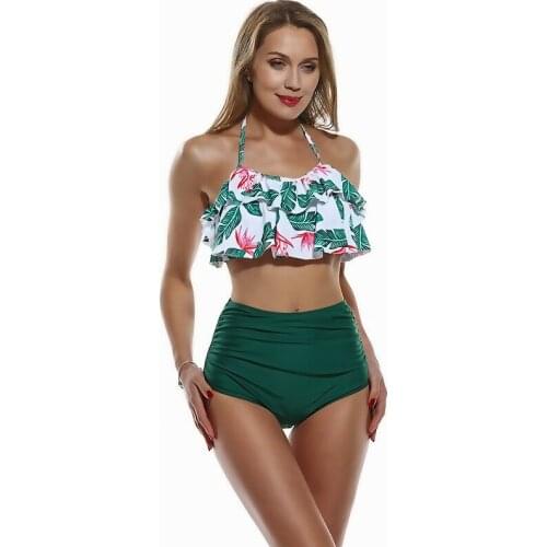 2021 Hot Women Bikini Sexy Double Flounces Wrinkled One-Shoulder Swimsuit Red Yellow Green Pink Swimwear