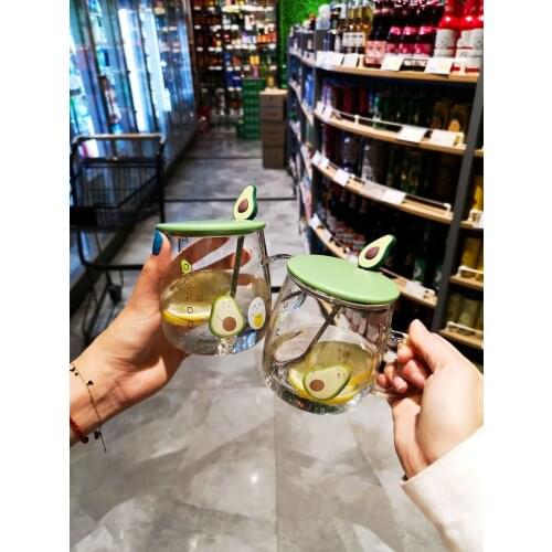 Cute avocado glass clear teaspoon handle mug children ins home cup heat resistant teacup