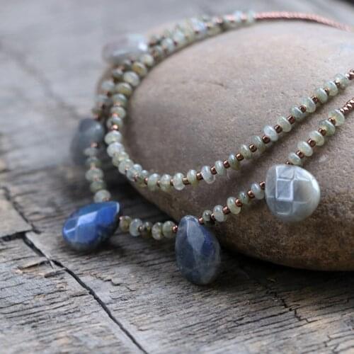 Fashion Labradorite Stone Drop Water Pendant Necklace Double Layer Lutus Beads Choker Necklace For Women Girls