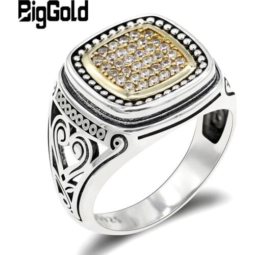 925 Sterling Silver Signet Ring for Men With Clear Cubic Geometric Square Hollow Carved Vintage Rings Anniversary Jewelry Gift