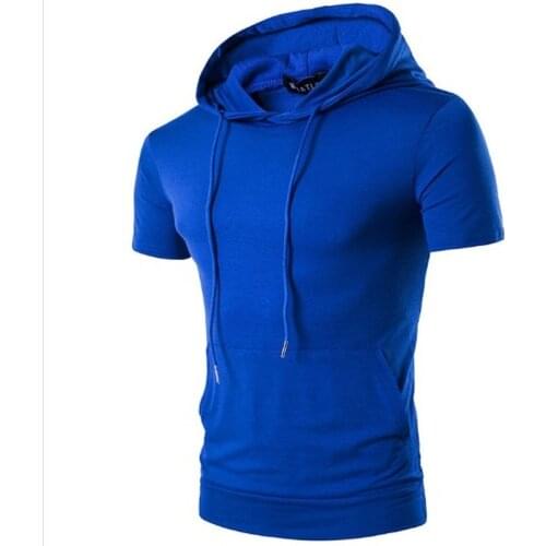 Summer 2021 Mens Hooded Big Pocket Short Sleeve Hoodies for Male Solid Color High Street Hip-Hop Sweatershirt Men Clothing