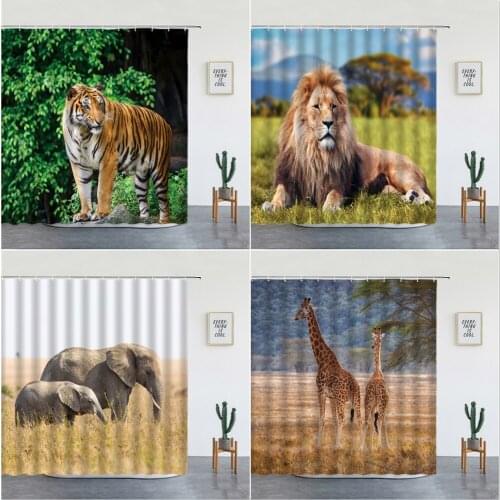 Africa Wild Animals Shower Curtains Set Tiger Lion Elephant Giraffe Leopard Print Wall Hanging Bathroom Decor Fabric With Hooks
