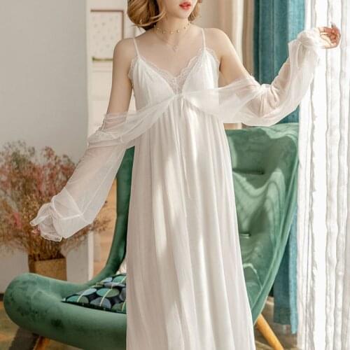 Women Mesh Long Night Dress White Sexy V Neck Nighty Lace Peignoir Victorian Vintage Nightgowns Sleepwear Ladies Fairy Nightwear