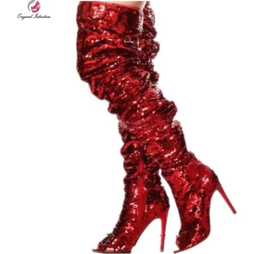 Original Intention Fashion Red Sequins Thigh High Boots Woman Peep Toe Stiletto hIgh Heels Long Boots Sexy Party Dress Shoes