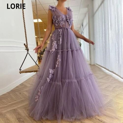 LORIE V-Neck Purple Prom Dresses Sequin Appliques Exposed Boning A-Line Prom Gowns Sleeveless Tiered Tulle Formal Party Dresses