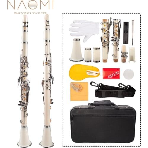 Naomi Professional Bb Clarinet ABS Clarinet Cupronickel Plated Nickel 17-Key Kit W/ Clarinet+Reeds+Strap+Case+Components White