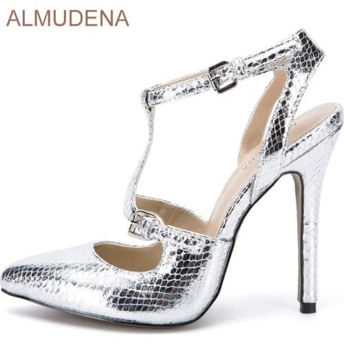 ALMUDENA Luxury Brand Silver Snakeskin Dress Pumps Pointed Toe T-bar Buckle Strap Dress Shoes Slingback Cut-out Gorgeous Pumps