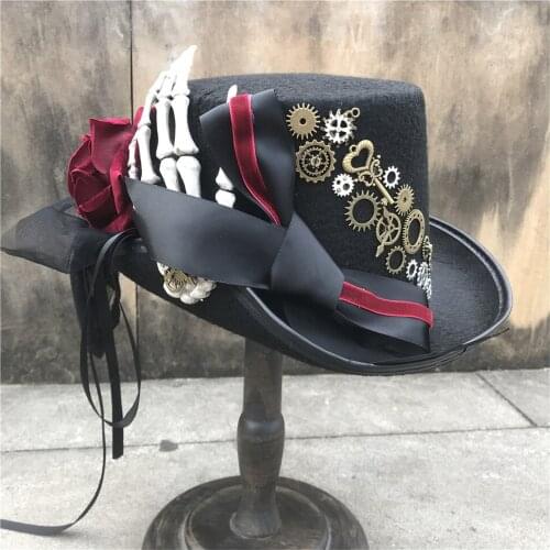 Women Handmade Steampunk Top Hat With Flower And Metal Gear Stage Magic Hat Cosplay Hat Performance Hat Size 57CM Steampunk Hat