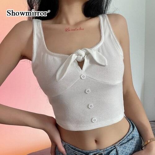Showmirror Sleeveless White Ribbed Basic Tank Tops Female Crop Tees Hollow Out Bow Kawaii Casual Corset Vest Cami Top ASVE83426