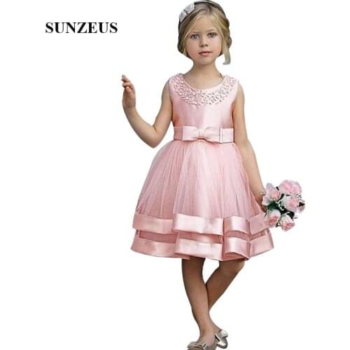 A-line Knee Length Pink Flower Girl Dress Beaded Neckline Tulle Skirt Childern Party Dresses With Bow First Communion Dress