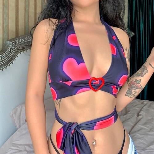 Y2K Aesthetic Heart Print Bustier Top Sexy V Neck Backless Bandage Cropped Top Beach Style Slim Fit Corset Cami Women Clubwear