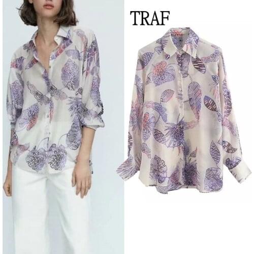 TRAF Za Top Women Long Sleeve Shirt Woman Blouses Print Casual Plus Size Women Clothing Button Loose Female Shirt Top Office