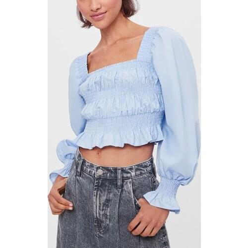 Ladies blue pleated blouse long-sleeved tight-fitting slim shirt casual girl blouse tops