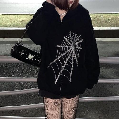 Women Hoodies Harajuku Gothic Punk Spider Web Hooded Women Fairy Grunge Dark Plus Size Hoodies E-Girl Sweatshirts Korean Fashion
