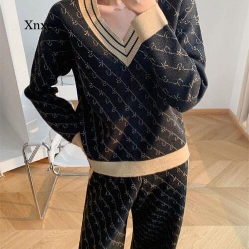 Autumn and Winter Womens Letter Printed Sweater Two-Piece V-Neck Knitted Loose Pullover and Wide-Leg Pants Casual Suit