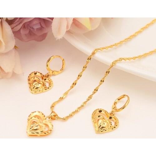 Women Jewelry set Europe 24 k Yellow Solid Fine Gold filled heart Pendant Necklaces/Earrings/Ring African Bridal Wedding Gift