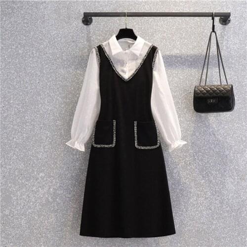 Plus Size Office Ladies Elegant Long Sleeve Patchwork Fake Two Pieces Dresses 4XL Korean Casual Polo Collar High Waist Vestidos