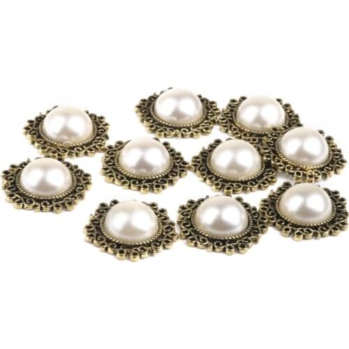 10PCS Bronze Round Pearl Embellishment Button Flatback DIY Accessories Wedding Dress Buttons