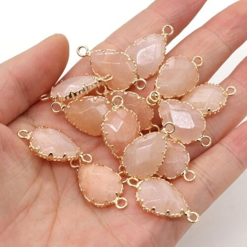 4Pcs Natural Stone Pink Aventurine Connector Fashion Drop-Shaped Pendant Charm for Jewelry Making Necklace Accessories 14x23mm