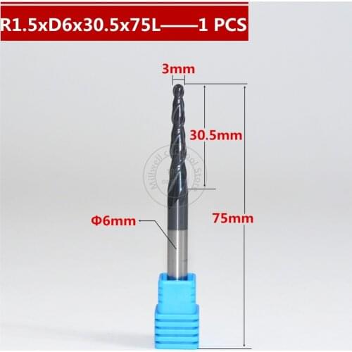 Free shipping-1PCS R1.5*D6*30.5*75L*2F HRC55 Tungsten solid carbide Coated Tapered Ball Nose End Mill taper and cone end mills