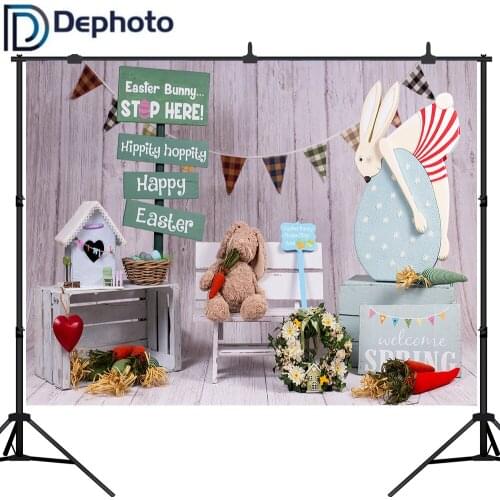 Dephoto Happy Easter Photography Background Wood Floor Bunny Carrots Baskets Flower Garland Photo Backdrop Festival Party Decor