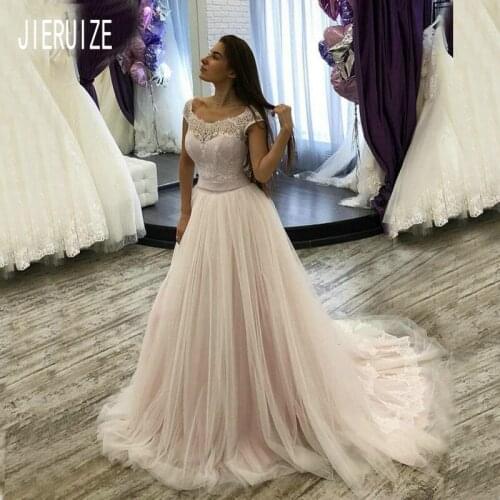 JIERUIZE Summer Tulle Boho Wedding Dresses Scoop neck Short Sleeves Backless Lace Wedding Gowns Bride Dresses robe de mariage