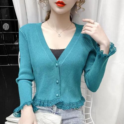 Lace stitching cardigan womens foreign style sweater for autumn and winter wear new long-sleeved knitted jacket short