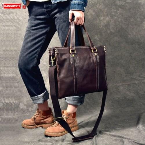 Vintage Handmade Leatehr Mens Handbags High-grade Leather Men Business Shoulder Messenger Bag Male Leather Computer Briefcase