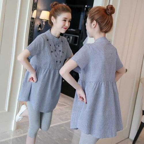 New Maternity Cotton Shirts Short Sleeve Fashion Polka Dot Embroidered Pregnant Women Clothes Long Loose Pregnanct Blouses