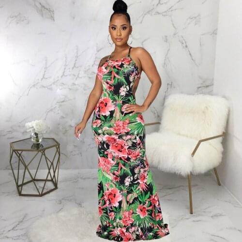 Floral Print Fashion Sexy Backless Lace Up Maxi Dress Sleeveless Club Party Holiday Beach Dress Summer Spaghetti Strap Sundress