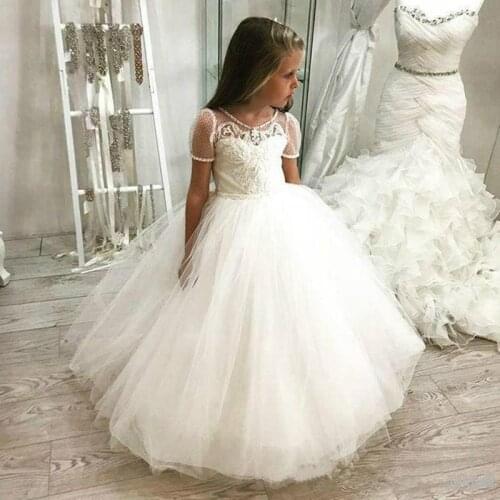 Puffy Kids Flower Girl Dresses For Wedding Short Sleeves Lace Appliqued Toddler Princess Princess Gown Little Girls Formal Dress