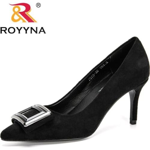 ROYYNA 2020 New Designers Popular Shoes Woman Flock High Heels Women Pumps Ladies Office Shoes Pointed Toe Dress Footwear Female