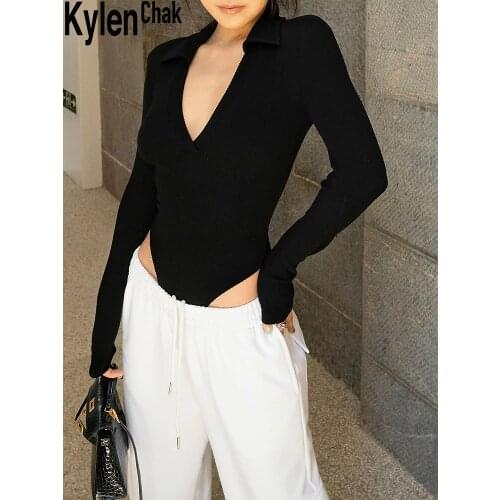 Sexy Deep V-Neck One-Piece Tight Knit Top Long Sleeve Slim Fit Base T-Shirt 2021 Fall Womens Clothing Casual Streetwear Y2K