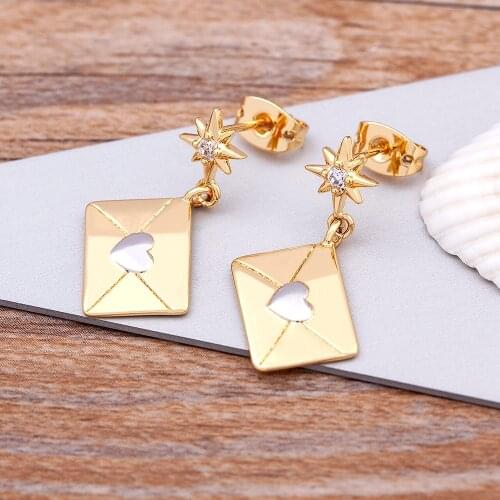 New Design Copper Gold Color Drop Earrings Love Envelope CZ Statement Dangle Earring Fashion Party Wedding Jewelry Gift
