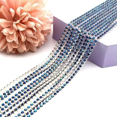 SS6-SS12 5 Yards Silver Base Crystal Cobalt Blue Color Glass Sew on Rhinestones Chain for DIY Accessories